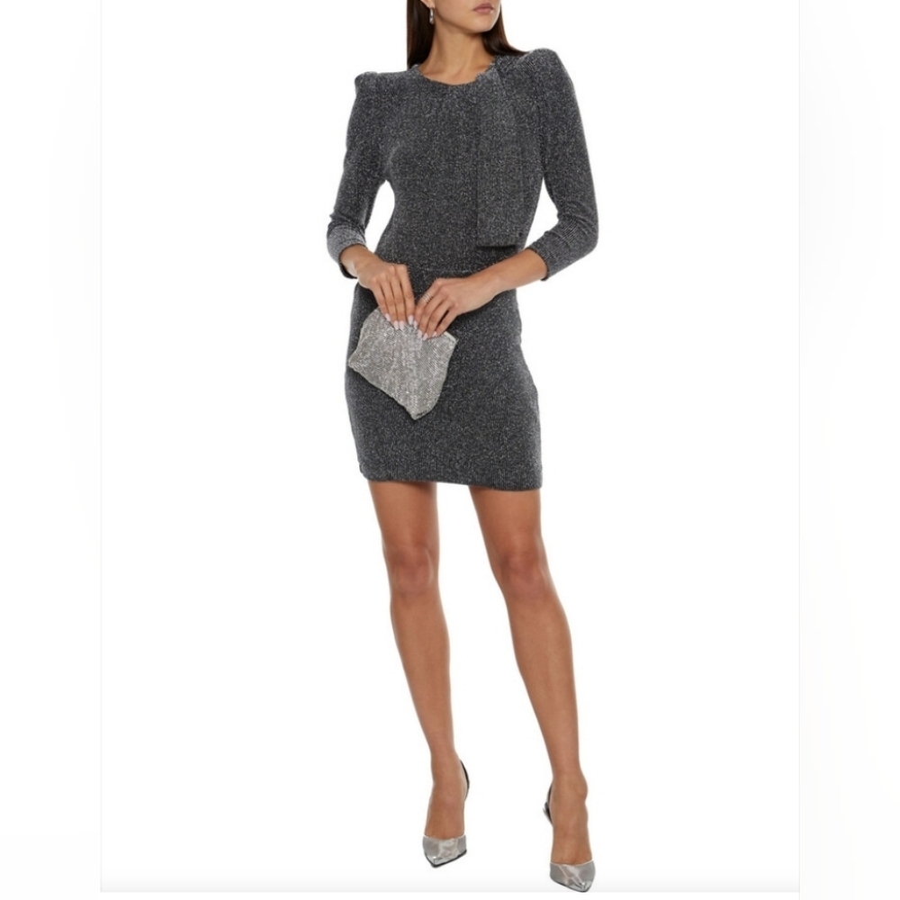 IRO Perk Tie-neck Metallic Stretch-knit Mini Dress Designer Revolve EU 38 20w